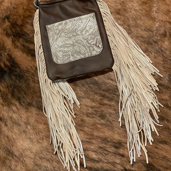 Champagne Tooled Leather Purse with Playful 12" Fringe - Handmade in USA - Picture 7 of 16